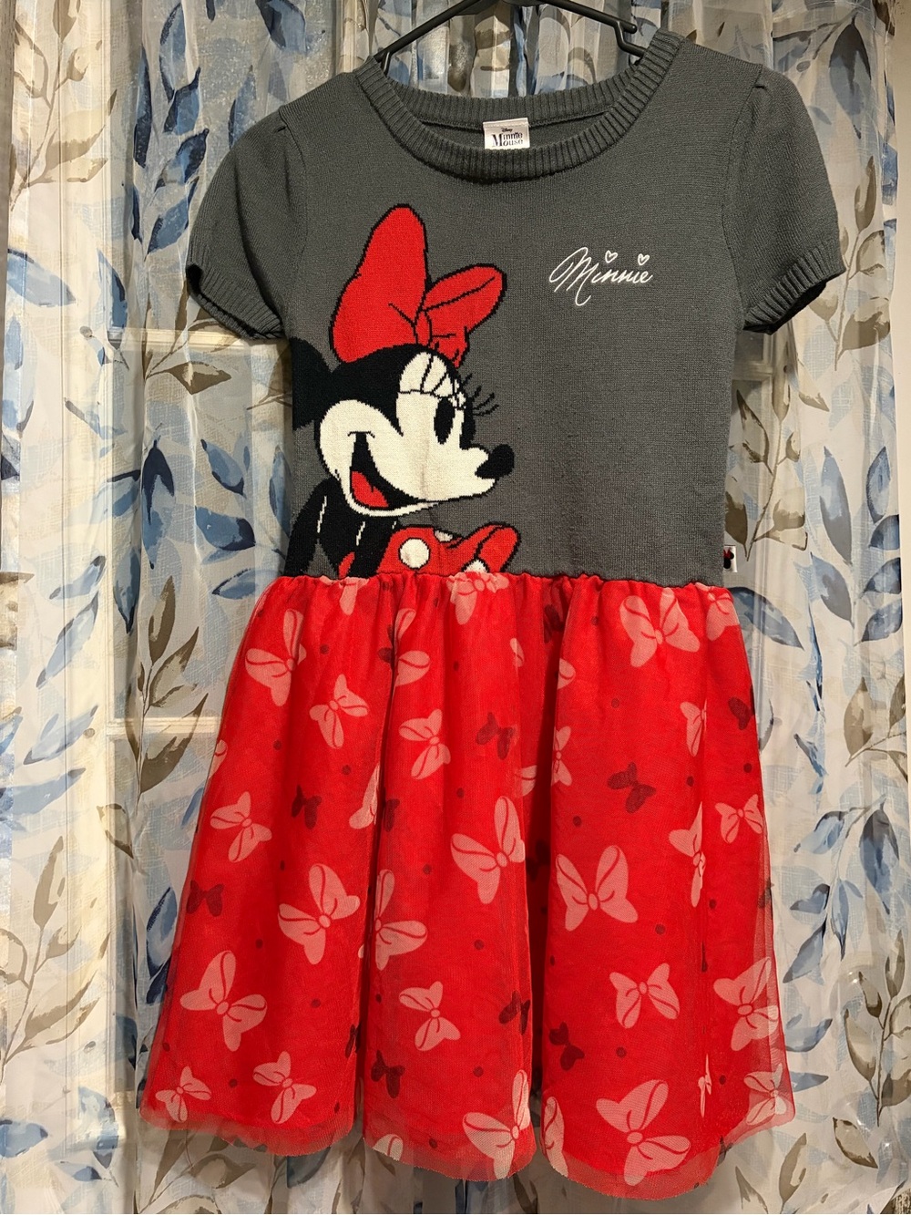 Disney Minnie Mouse Girls Knit Sweater Tulle Dress Gray Red Size Large 10/12